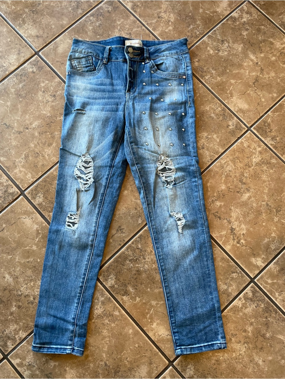 Distressed Blue Rewind Women's Skinny Jeans with Stud Detail size 3